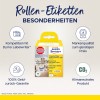 Bilden visar en låda med rull-etiketter kompatibla med Dymo LabelWriter. Den lyfter fram produktens egenskaper, inklusive hög kvalitet, permanenta etiketter, pengarna-tillbaka-garanti och miljövänliga meriter.