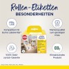 Bilden visar en förpackning med Avery Zweckform rulliketter, som framhäver kompatibilitet med Dymo etikettsskrivare, kvalitetsgaranti till ett bra pris och miljövänliga produktdetaljer.
