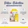 Bilden visar en förpackning för Avery-rulletiketter och framhäver deras kompatibilitet med Dymo Labelwriter samt funktioner som slitstarka etiketter, pengarna-tillbaka-garanti och klimatneutral produkt.