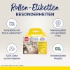 Bilden visar en förpackning för Avery Zweckform rulletiketter. Den framhäver kompatibilitet med Dymo Labelwriters, erbjuder hög kvalitet till ett lågt pris, 100 % pengarna-tillbaka-garanti och betonar sina klimatneutrala produktegenskaper.