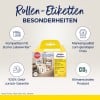 Bilden visar en produktförpackning för Avery Zweckform-rulletiketter avsedda för användning med Dymo Labelwriters. Den lyfter fram kompatibilitet, kvalitet till ett konkurrenskraftigt pris, pengarna-tillbaka-garanti och miljöhänsyn.