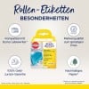Bilden visar en produktförpackning för rull-etiketter kompatibla med Dymo LabelWriter. Den framhäver viktiga egenskaper som pengarna-tillbaka-garanti, märkesvara till ett bra pris och hållbart papper. Förpackningen är från Avery Zweckform och visar en blå etikettrulle samt detaljer om produkten.