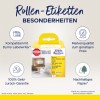 Bilden visar en förpackningslåda för rulletiketter från Avery Zweckform och framhäver kompatibilitet med Dymo LabelWriter, pengarna-tillbaka-garanti, varumärkeskvalitet till ett överkomligt pris samt användningen av hållbart papper.