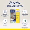 Bilden visar etiketter för kontors- och hemanvändning från Avery, som presenterar avtagbara etiketter för bågfiler. Den framhäver enkel design med en etikett-designer, återanvändbart klister och hållbart papper.