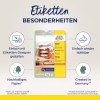 Bilden visar en produktförpackning för avtagbara etiketter från Avery Zweckform, med egenskaper som enkel design, återanvändbarhet, hållbart material och att den är tillverkad i Tyskland.