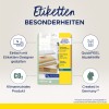 Bilden visar en produktbroschyr för Avery Zweckform klara fraktetiketter, med fokus på funktioner såsom enkel design med deras etikettgenerator, CO2-neutralitet, QuickPEEL-hjälp för enkel avskalning, och att den är tillverkad i Tyskland.