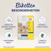 Bilden visar förpackning för Avery fraktetiketter, som framhäver funktioner som QuickDry-teknik, hållbart papper och enkel design med ett onlineredskap. Det anges att produkten är tillverkad i Tyskland.