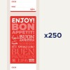 Bilden visar en färgglad etikett eller lapp med texten 'ENJOY! BON APPETIT!' och översättningar på olika språk, designad för matrelaterade sammanhang.