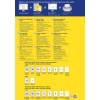 Bilden visar en guide för att designa och skriva ut etiketter, med detaljerade sektioner om olika typer av Avery-etiketter, deras specifikationer och instruktioner på flera språk. Den visar produktfunktioner som hållbarhet, vidhäftning och temperaturmotstånd, tillsammans med kontaktinformation och mallar för användning.