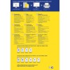 Bilden visar en broschyr för Averys produkt med genomskinliga adressetiketter, med instruktioner och specifikationer på flera språk inklusive tyska, engelska, franska, nederländska, danska, finska, ryska och polska. Den lyfter fram funktioner som QuickPEEL-teknologi, optimala storlekar för olika skrivare och kontaktinformation för kundservice.