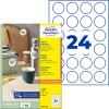 Förpackningsbild med etikettark: Avery Zweckform Runda Etiketter, Artikel: L3415-100, Format: ⌀ 40 mm, Tryckbarhet: Bläckstråle, Svartvit laser, Färglaser, Innehåll: 2.400 etiketter / 100 ark, 24 etiketter/ark.