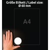 Storleksjämförelse med hand, artikel: L3416-100, ett ark runda etiketter, format: ⌀ 60 mm, färg: vit.