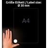 Storleksjämförelse med hand, Artikel: L4716-20, ett ark väderbeständiga folieetiketter, format: ⌀ 30 mm, färg: vit.