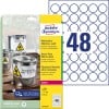 Förpackningsbild med etikettark: Avery Zweckform Väderbeständiga folieetiketter, Artikel: L4716-20, Format: ⌀ 30 mm, Användning: Laser s/v, färglaser, Innehåll: 960 etiketter / 20 ark, 48 etiketter/ark