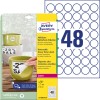 Förpackningsbild med etikettark: Avery Zweckform väderbeständiga etiketter, avtagbara, Artikel: L4716REV-20, Format: Ø 30 mm, Trycklämplighet: Laser s/v, färglaser, Innehåll: 960 etiketter / 20 ark, 48 etiketter/ark.