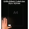 Storleksjämförelse med hand, Artikel: L4732REV-10, ett ark etiketter, avtagbar, hemmakontor, liten förpackning, format: 35,6 x 16,9 mm, färg: vit.