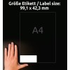 Storleksjämförelse med hand, artikel: L4743REV-25, ett ark universaletiketter, avtagbara, format: 99,1 x 42,3 mm, färg: vit.