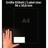Storleksjämförelse med hand, artikel: L4744REV-10, ett ark etiketter, avtagbara, hemkontor, liten förpackning, format: 96 x 50,8 mm, färg: vit.