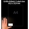 Storleksjämförelse med hand, Artikel: L4773-20, ett ark väderbeständiga folietiketter, format: 63,5 x 33,9 mm, färg: Vit.