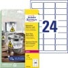 Förpackningsbild med etikettark: Avery Zweckform Väderbeständiga Folie-etiketter, Artikel: L4773-20, Format: 63,5 x 33,9 mm, Skrivare lämplig: Laser svart/vit, Färglaser, Innehåll: 480 etiketter / 20 ark, 24 etiketter/ark.