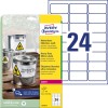 Förpackningsbild med etikettark: Avery Zweckform Väderbeständiga folieetiketter, Artikel: L4773-8, Format: 63,5 x 33,9 mm, Utskriftslämplighet: Laser svart/vit, färglaser, Innehåll: 192 etiketter / 8 ark, 24 etiketter/ark.