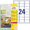 Förpackningsbild med etikettark: Avery Zweckform Väderbeständiga etiketter, avtagbara, Artikel: L4773REV-20, Format: 63,5 x 33,9 mm, Utskriftslämplighet: Laser svart/vit, färglaserskrivare, Innehåll: 480 etiketter / 20 ark, 24 etiketter/ark.