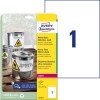 Förpackningsbild med etikettark: Avery Zweckform väderbeständiga folieetiketter, artikel: L4775-8, format: 210 x 297 mm, skrivaranpassning: Laser svart/vitt, färglaser, innehåll: 8 etiketter / 8 ark, 1 etikett/ark.