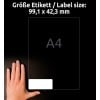 Storleksjämförelse med hand, Artikel: L4776REV-20, ett ark väderbeständiga etiketter, avtagbar, Format: 99,1 x 42,3 mm, Färg: Vit?