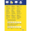 Bilden visar information om borttagbara, hållbara etiketter från Avery, inklusive specifikationer, användartips och etikettmått på olika språk.