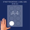 Storleksjämförelse med hand, Artikel: L4881-20, ett ark med namn-etiketter, Format: ⌀ 65 mm, Färg: Vit?