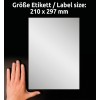 Storleksjämförelse med hand, Artikel: L6013-8, ett ark typskyltsetiketter, Format: 210 x 297 mm, Färg: Silver?