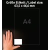 Storleksjämförelse med hand, Artikel: L6025REV-25, ett ark universaletiketter, avtagbar, format: 63,5 x 46,6 mm, färg: vit?