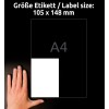 Storleksjämförelse med hand, artikel: L6028REV-25, ett ark universaletiketter, format: 105 x 148 mm, färg: vit.