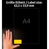 Storleksjämförelse med hand, artikel: L6035-20, ett ark färgade etiketter, avtagbara, format: 63,5 x 33,9 mm, färg: gul.