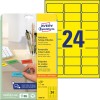Förpackningsbild med etikettsidor: Avery Zweckform Färgade etiketter, avtagbara, Artikel: L6035-20, Format: 63,5 x 33,9 mm, Skrivarberedskap: Bläckstråle, Svart/vit laser, Färglaser, Innehåll: 480 etiketter / 20 ark, 24 etiketter/ark.
