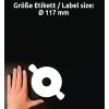 Storleksjämförelse med hand, artikel: L6043-100, ett ark CD-etiketter ClassicSize, format: ⌀ 117 mm, färg: Vit?