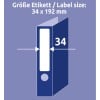 Storleksjämförelse med hand, Artikel: L6060-10, ett ark mappetiketter, hemmakontor, liten förpackning, Format: 34 x 192 mm, Färg: Vit.