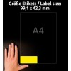 Storleksjämförelse med hand, artikel: L6107-20, ett ark väderbeständiga folieetiketter, format: 99,1 x 42,3 mm, färg: gul.