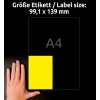 Storleksjämförelse med hand, artikel: L6127-20, ett ark väderbeständiga folieetiketter, format: 99,1 x 139 mm, färg: gul.