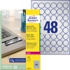Förpackningsbild med etikettark: Avery Zweckform typbeteckningsetiketter, artikel: L6129-20, format: ⌀ 30 mm, utskriftslämplighet: Laser svart/vit, innehåll: 960 etiketter / 20 ark, 48 etiketter/ark.