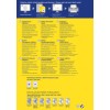 Bilden är en reklamgrafik för NoPeel Permanent Labels från Avery som beskriver produktspecifikationer och etikettens design. Den innehåller information på flera språk, tips för optimal utskrift och riktlinjer för etikettapplicering.