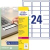 Förpackningsbild med etikettark: Avery Zweckform Säkerhetsavtagbara etiketter, Artikel: L6146-20, Format: 63,5 x 33,9 mm, Skrivartyp: Laser svart/vit, Innehåll: 480 etiketter / 20 ark, 24 etiketter/ark.