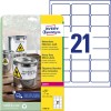 Förpackningsbild med etikettark: Avery Zweckform Väderbeständiga folieetiketter, artikel: L7060-20, format: 63,5 x 38,1 mm, skrivaregenskaper: Laser svartvitt, färglaser, innehåll: 420 etiketter / 20 ark, 21 etiketter/ark.