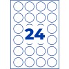 Ark med 24 blåkonturerade runda etiketter och stort blått nummer 24 i mitten?