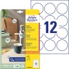 Förpackningsbild med etikettark: Avery Zweckform Runda etiketter, avtagbara, Artikel: L7104REV-25, Format: ⌀ 60 mm, Skrivarutrustning: Bläckstråle, Laser svart/vit, Färglaser, Innehåll: 300 etiketter / 25 ark, 12 etiketter/ark.