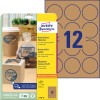 Förpackningsbild med etikettark: Avery Zweckform Naturbruna Etiketter, Artikel: L7106-25, Format: ⌀ 60 mm, Skrivarkompatibilitet: Bläckstråle, Svartvit laser, Färglaser, Innehåll: 300 etiketter / 25 ark, 12 etiketter/ark.