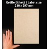 Storleksjämförelse med hand, Artikel: L7109-25, ett ark naturbruna etiketter, Format: 210 x 297 mm, Färg: Naturligt brun?