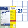 Förpackningsillustration med etikettark: Avery Zweckform Adressetiketter, Artikel: L7160-100, Format: 63,5 x 38,1 mm, Utskriftslämplighet: Laser svart/vit, färglaser, Innehåll: 2.100 etiketter / 100 ark, 21 etiketter/ark.