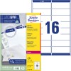 Förpackningsbild med etikettark: Avery Zweckform Adressetiketter, Artikel: L7162-100, Format: 99,1 x 33,9 mm, Skrivarens lämplighet: Laser svart/vit, färglaser, Innehåll: 1.600 etiketter / 100 ark, 16 etiketter/ark.