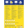 Bilden visar en informationsbroschyr om etiketter för laserskrivare, med detaljer om funktioner som ultragrip-teknik, QuickPEEL-assistans, utskriftstips och olika typer av tillgängliga etiketter. Broschyren innehåller flera språk och kontaktinformation för förfrågningar.